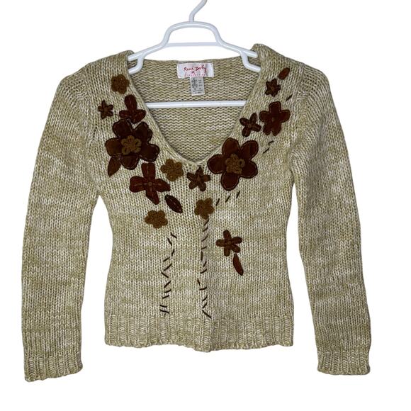 Rene Derhy Women's 6 Sweater Tan Lambs Wool Angora Blend Knit Floral Boho Indie - Picture 1 of 5